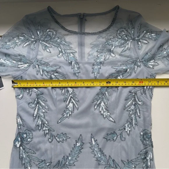 NWT Adrianna Papell Boutique Glacier Pale Blue Beaded Illusion Cocktail Gown 12 - Picture 14 of 16